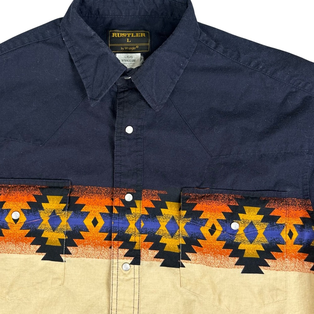 Rustler Wrangler Aztec Pearl Snap Western Shirt Mens Sz-L Short Sleeve Southwest